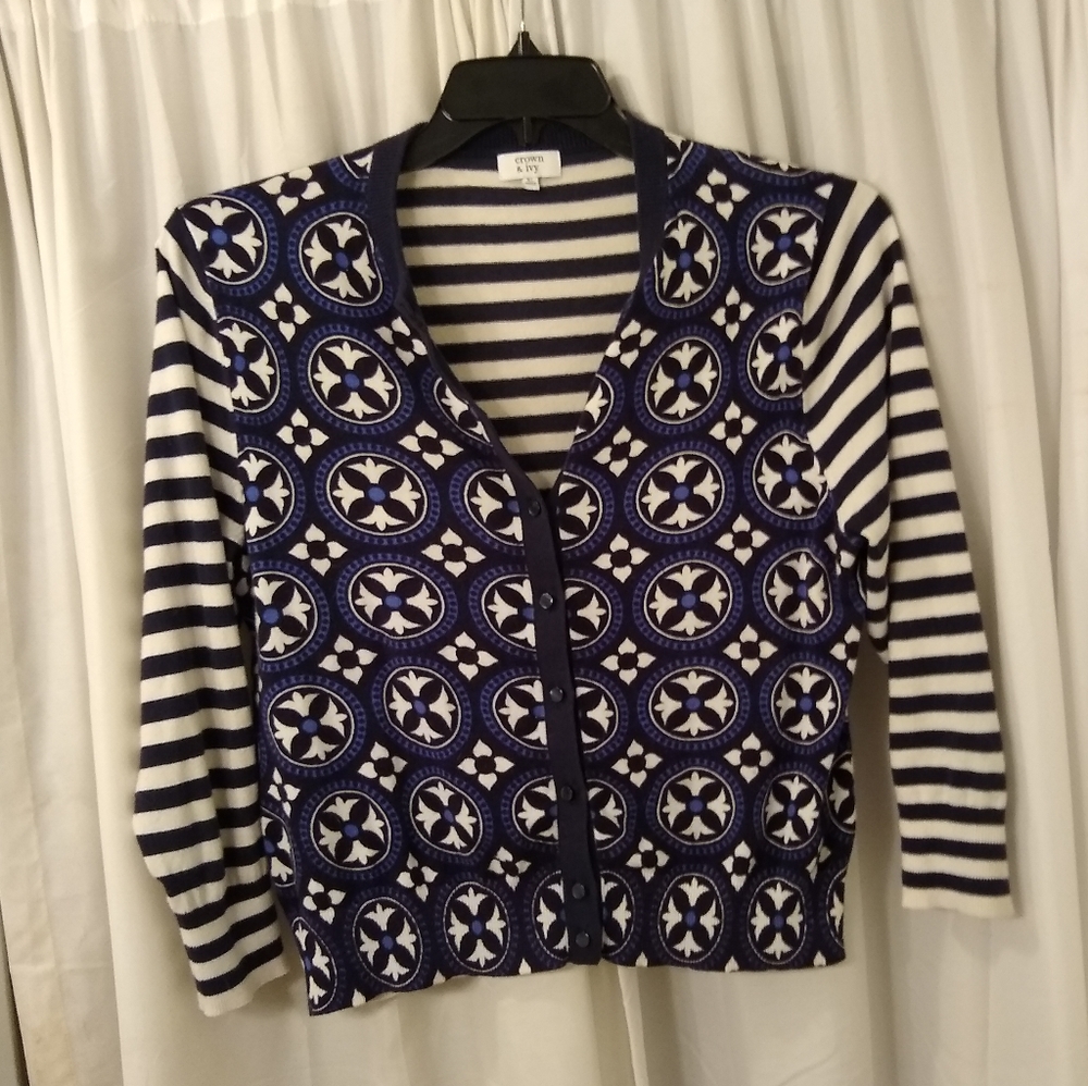 Crown & Ivy Navy Cardigan Mixed Pattern
